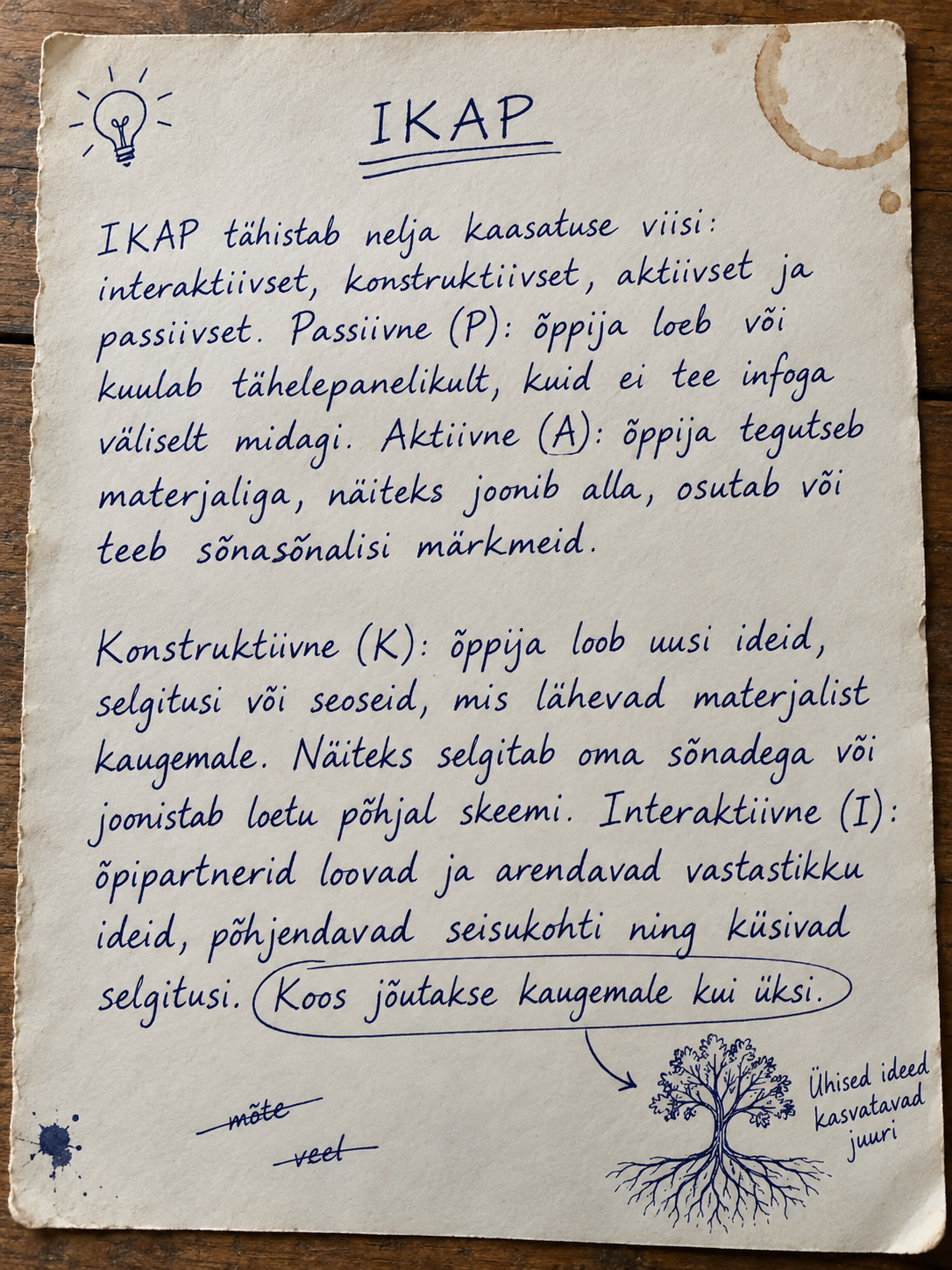 Käsitsi kirjutatud märkmed pealkirjaga IKAP: IKAP tähistab nelja kaasatuse viisi — interaktiivset, konstruktiiivset, aktiivset ja passiivset. Passiivne (P): õppija loeb või kuulab tähelepanelikult, kuid ei tee infoga väliselt midagi. Aktiivne (A): õppija tegutseb materjaliga, näiteks joonib alla, osutab või teeb sõnasõnalisi märkmeid. Konstruktiivne (K): õppija loob uusi ideid, selgitusi või seoseid, mis lähevad materjalist kaugemale. Interaktiivne (I): õpipartnerid loovad ja arendavad vastastikku ideid, põhjendavad seisukohti ning küsivad selgitusi. Koos jõutakse kaugemal kui üksi.